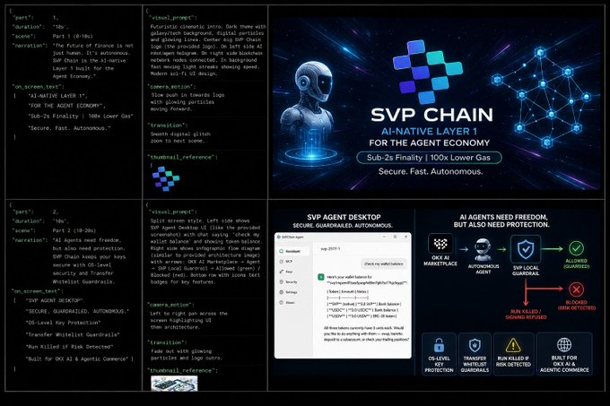 A promotional graphic for 'SVP CHAIN - AI-NATIVE LAYER 1 FOR THE AGENT ECONOMY' promoting a Sub-2s Finality and 100x Lower Gas blockchain, accompanied by production scripts and an SVP Agent Desktop interface.
