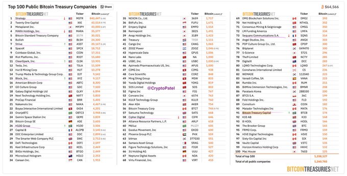 A data table titled 'Top 100 Public Bitcoin Treasury Companies' from BitcoinTreasuries.net, listing companies like Strategy, Twenty One Capital, and MARA Holdings along with their Bitcoin holdings and stock tickers.