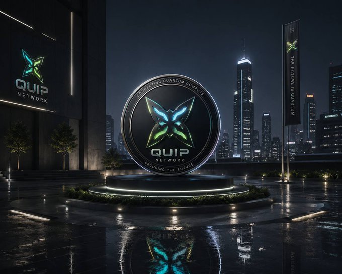 The image features a large, illuminated logo for Quip Network that stands out against the dark background of a city at night. The logo is surrounded by various buildings, creating an urban atmosphere. In addition to the main logo, there are two smaller logos in the scene - one on the left side and another on the right side. These smaller logos also have a butterfly design, adding to the overall visual appeal of the image.