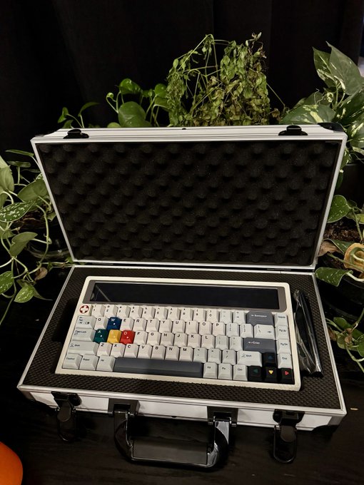 A limited edition AM RGB 65 R1.5 mechanical keyboard ($620 value) is displayed in a silver protective carrying case with custom foam padding, surrounded by green pothos plants as part of a popup event giveaway.