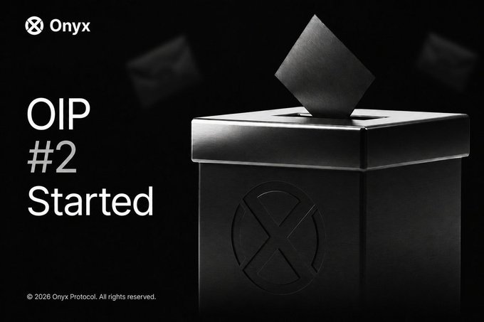 The image is a sleek, dark-themed promotional graphic featuring a black box with the Onyx logo embossed on its side, with a ballot being inserted into the top slot. Bold text on the left reads "OIP #2 Started," accompanied by the Onyx logo at the top and a "© 2026 Onyx Protocol. All rights reserved." notice at the bottom. The graphic visually reinforces the post's message by symbolizing the ongoing OIP-2 governance vote, with the ballot imagery directly tying to the call to action for $stXCN holders to vote on the Onyx Layer 1.