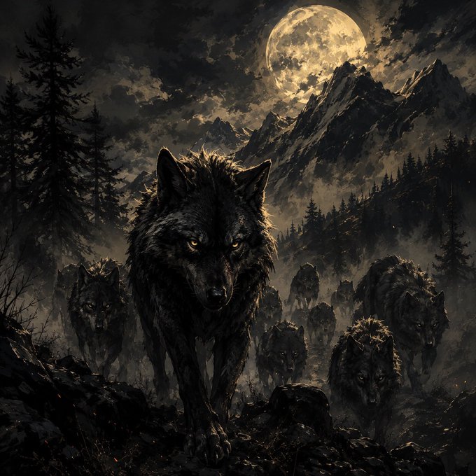 A dark, atmospheric digital artwork depicting a pack of wolves with glowing eyes under a full moon in a mountainous forest.