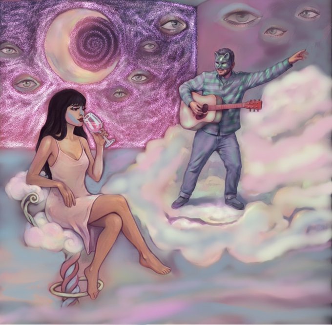 A surreal digital painting depicting a woman in a pink slip dress drinking from a wine glass while sitting on a cloud, alongside a masked man playing guitar on another cloud, surrounded by purple swirls with embedded eyes.