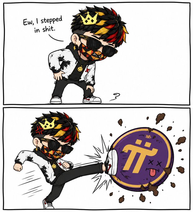 The image features a cartoon of a boy wearing sunglasses, a crown, and a mask with his foot on top of a purple coin that has a "P" on it. The caption below the image reads "EW, I stepped in shit. Dù market thế nào. Dù timeline FUD ra sao. Dù người khác đã bỏ cuộc từ lâu." The cartoon is accompanied by a line of text that reads "Dù market thế nào. Dù timeline FUD ra sao. Dù người: “Mở app điểm danh $PI".