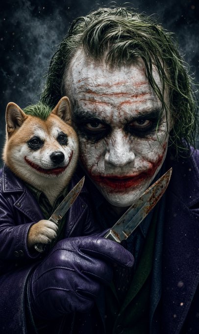 A stylized image depicts the Joker character with white face paint holding two knives, with a small dog wearing matching Joker-style makeup and a purple jacket beside him.