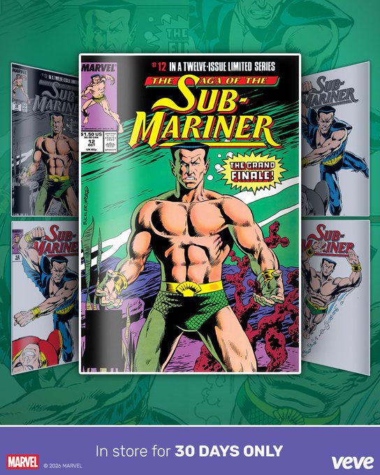 A promotional image for Marvel's "Saga of the Sub-Mariner" #12 features a central comic book cover showing a muscular Namor in green trunks standing against a green sea background, surrounded by smaller images of other variant covers. The cover prominently features the text "#12 IN A TWELVE-ISSUE LIMITED SERIES," "THE SAGA OF THE SUB-MARINER," and "THE GRAND FINALE!" with Marvel branding and VeVe's "30 DAYS ONLY" availability notice at the bottom, highlighting the conclusion of the 12-issue Sub-Mariner and Doctor Doom team-up storyline.