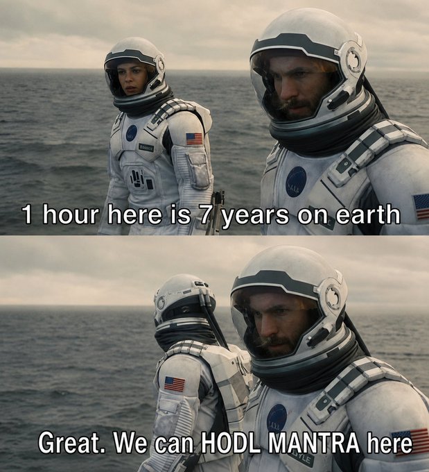 Two astronauts in white space suits stand by the ocean in a meme; the top panel reads "1 hour here is 7 years on earth" and the bottom reads "Great. We can HODL MANTRA here," referencing the MANTRA crypto project.