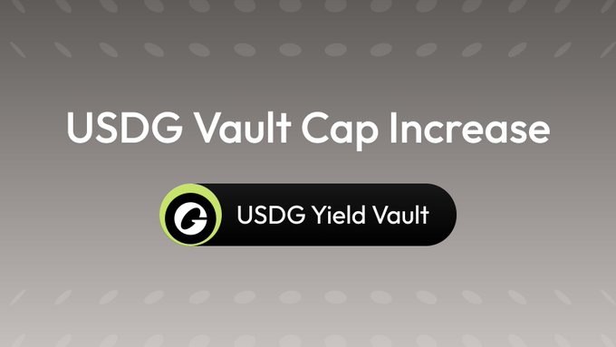 A gray graphic announcing 'USDG Vault Cap Increase' featuring the 'USDG Yield Vault' logo with a green G symbol.