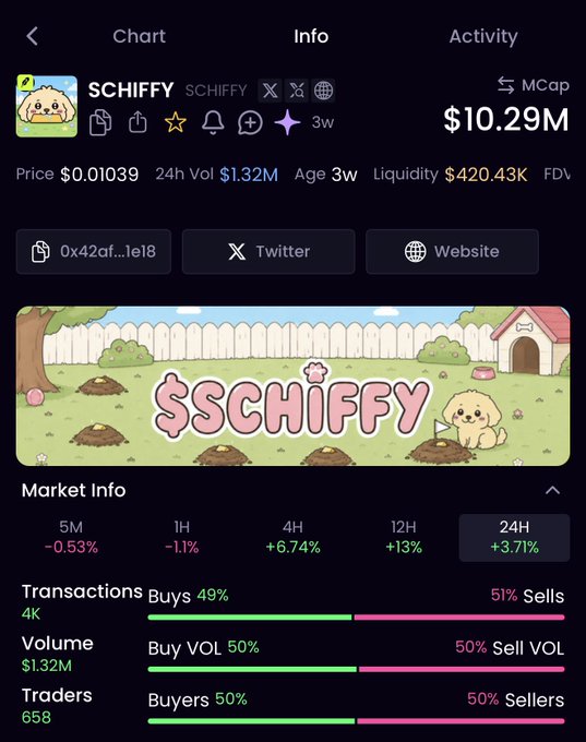 A crypto token info page for SCHIFFY showing a market cap of $10.29M, price of $0.01039, 24H volume of $1.32M, and a banner featuring a cartoon dog with dirt piles, alongside market info showing 51% sells vs 49% buys.