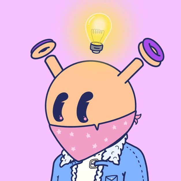 A cartoon character with a light bulb above its head, wearing a pink star-patterned face mask and a blue jacket with a fluffy white collar.