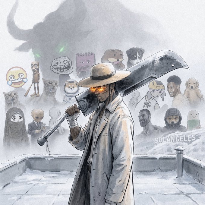 A detailed illustration of a man in a trench coat and fedora with glowing orange eyes, carrying a large cleaver, with various character faces and memes floating in the misty background.