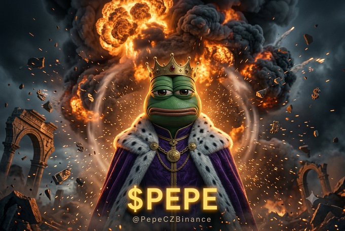 A digital artwork featuring Pepe the Frog wearing a king's crown and royal robes amid explosions, with text '$PEPE' and '@PepeCZBinance' displayed.