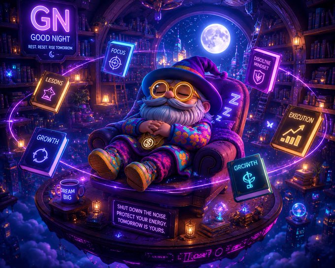 A vibrant digital artwork shows a sleeping gnome character surrounded by floating neon signboards labeled "GN GOOD NIGHT", "FOCUS", "DISCIPLINE MINDSET", "LESSONS", "EXECUTION", "GROWTH", and "DREAM BIG", with text reading "SHUT DOWN THE NOISE, PROTECT YOUR ENERGY, TOMORROW IS YOURS."