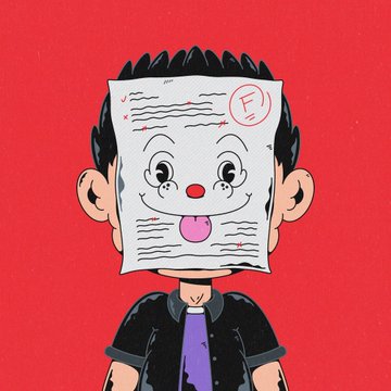 A cartoon illustration depicts a man with dark hair whose face is completely covered by a paper with an 'F' grade on it; a smiling cartoon face is drawn on the paper with its tongue sticking out.