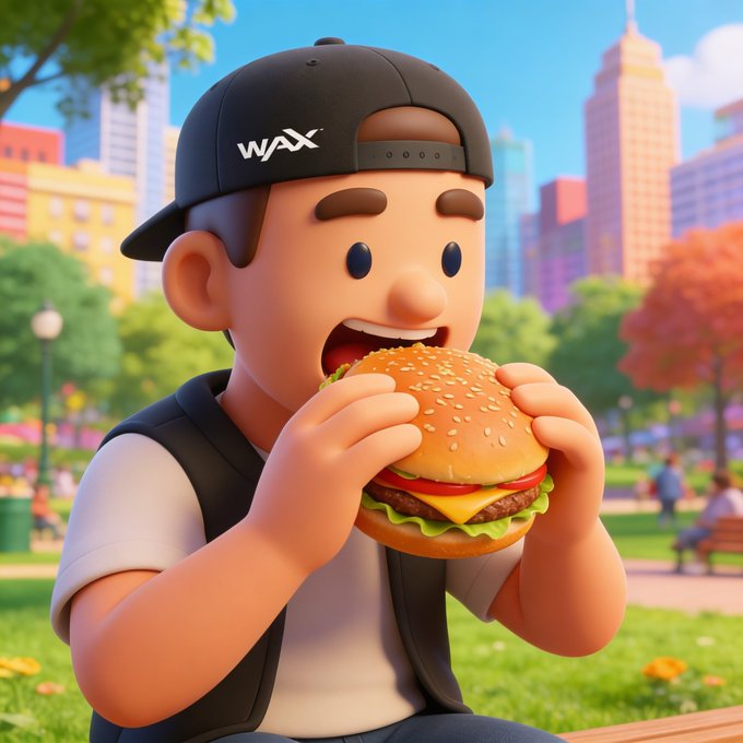 This cartoon image shows a person wearing a "WAX" hat and eating a burger in a park, perfectly illustrating the National Hamburger Day theme from the accompanying post.