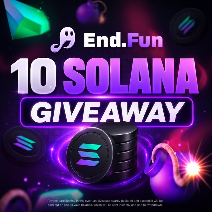 The image features a purple background with a large purple circle containing a green "SOLANA" logo, surrounded by smaller purple circles. The text above the image reads "10 SOLANA Giveaway", indicating that there are ten Solana coins being offered as prizes for a giveaway. The image also includes a small illustration of a bomb and a lava lamp, which adds to the overall theme of the post.