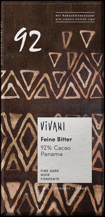 The image shows a Vivani "Feine Bitter" 92% Cacao Panama fine dark chocolate bar packaging with coconut blossom sugar, featuring tribal-style patterns and noting it is organic and vegan. This relates to the post as it represents an even more intense 92% dark chocolate option, appealing to someone seeking to push their dark chocolate preferences beyond the typical 70-80% range.