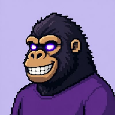Pixel art illustration of a grinning gorilla with glowing purple eyes wearing a purple shirt against a lavender background.