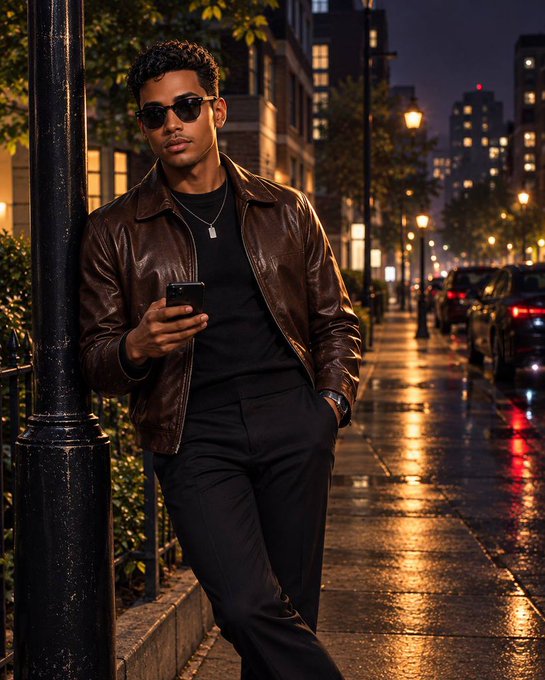 A stylish young man with curly hair and sunglasses leaning against a lamppost on a rainy city street at night, wearing a brown leather jacket, black shirt, and dark pants while looking at his phone.