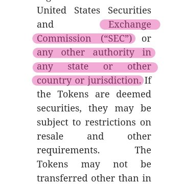 The image shows an excerpt of text discussing the U.S. Securities and Exchange Commission ("SEC") and regulations regarding tokens, with key phrases like "United States Securities and Exchange Commission," "any other authority," and "any state or other country or jurisdiction" highlighted in pink. It relates to the accompanying post about Pi cryptocurrency by emphasizing the regulatory and legal context that tokens like Pi may face, including potential restrictions on resale and transfer due to securities laws.