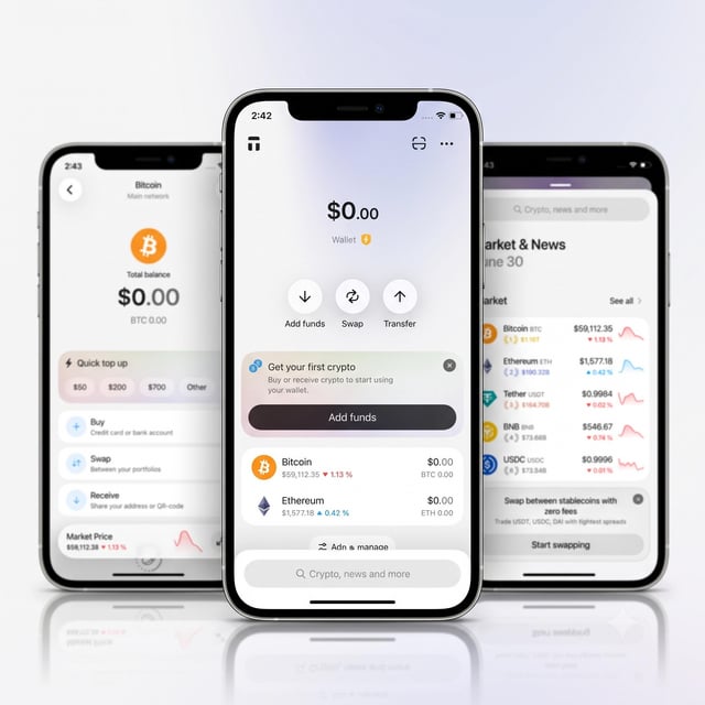 Three iPhones display a cryptocurrency wallet/trading app showing $0.00 balance with options to Buy, Swap, Receive, Add funds, Transfer, and a Market Price list including Bitcoin, Ethereum, Tether, BNB, and USDC.