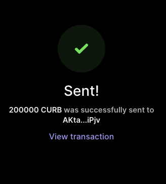 Confirmation screen showing 200000 CURB successfully sent to AKta...iPjv with a view transaction link.