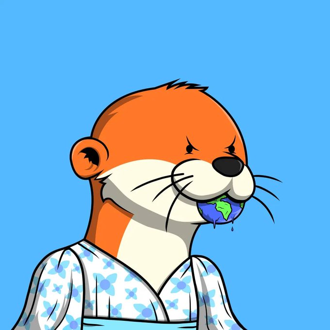 A cartoon illustration of an anthropomorphic orange otter wearing a floral-patterned kimono, holding a small Earth globe in its mouth against a blue background.