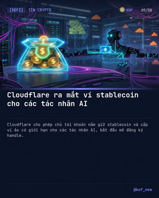 Crypto news graphic in Vietnamese titled 'Cloudflare ra mắt ví stablecoin cho các tác nhân AI' (Cloudflare launches stablecoin wallet for AI agents), featuring neon cyberpunk-style artwork of a robot handling digital currency.
