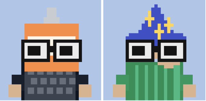 Two pixel-art style characters are shown side by side: one in orange with glasses and a black outfit, and another in green with a blue and yellow pointed hat and glasses.