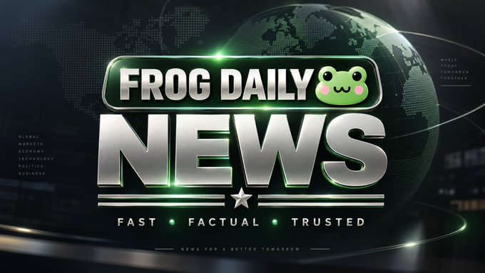 A news-style graphic with 'FROG DAILY NEWS' in metallic lettering alongside a cute green frog icon, with the tagline 'FAST • FACTUAL • TRUSTED' set against a globe background.
