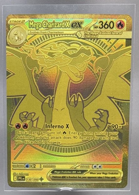 A gold Secret Rare Pokémon TCG card featuring Mega Charizard X ex with 360 HP, showcasing the Inferno X attack, card number 130/094.
