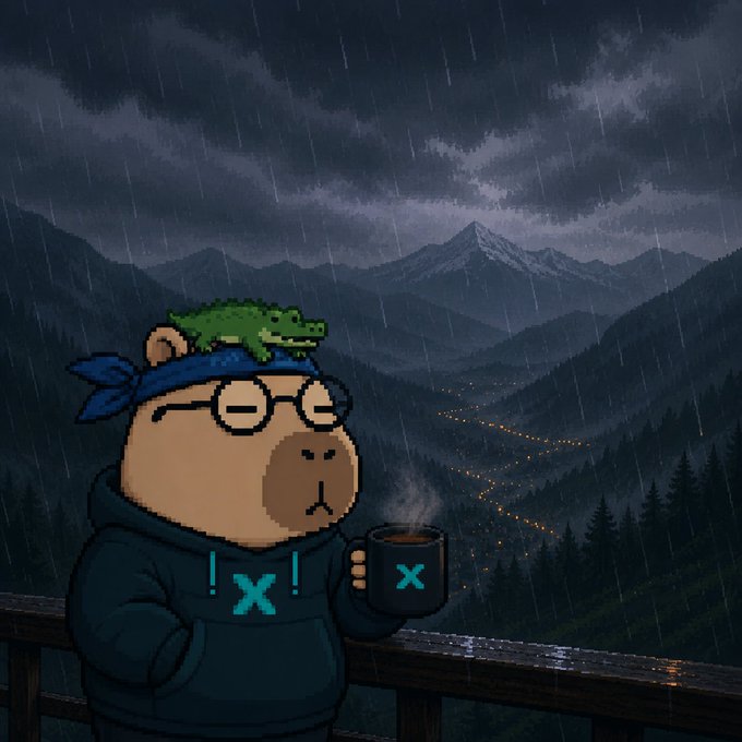 A cartoon bear wearing glasses and a blue bandana with a small crocodile on its head stands on a balcony at night, holding a steaming mug while rain falls over a mountainous valley with distant lights.