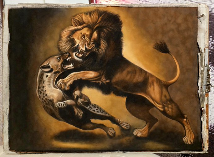 A painting depicts a fierce lion battling a spotted leopard, rendered in warm brown and tan tones with detailed musculature.
