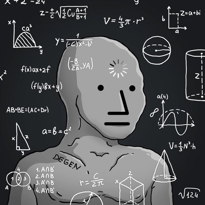 An illustration of a gray featureless humanoid figure surrounded by various mathematical formulas and diagrams, with the word 'DEGEN' written on its chest.