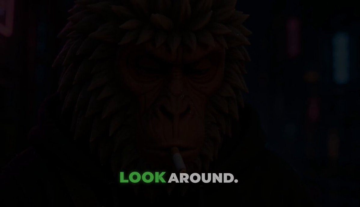 The image features a cartoon monkey with spiky hair, wearing a black jacket, holding a cigarette in its mouth. The background shows a cityscape at night, with neon lights illuminating the scene. Below the monkey's head, there are two lines of text that read "Look around." This suggests that the image is related to a post about Bitcoin or cryptocurrency, possibly discussing the concept of a free economy and how it relates to Bitcoin.