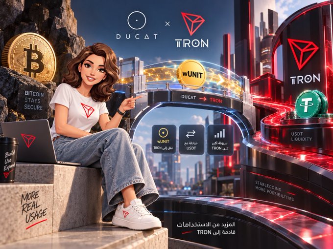 The image shows a stylized promotional graphic featuring a woman in a TRON-branded t-shirt pointing toward a bridge connecting "DUCAT" to "TRON," with a Bitcoin coin labeled "BITCOIN STAYS SECURE" on the left and USDT liquidity on the right. Key visible text includes "DUCAT x TRON," "BITCOIN STAYS SECURE," "MORE REAL USAGE," "wUNIT," and Arabic text promoting bridging UNIT to TRON as wUNIT for USDT liquidity.

The image visually represents the post's concept of Bitcoin remaining secure on its native network while its liquidity is bridged to TRON via Ducat's wUNIT, connecting BTC's security to TRON's active DeFi ecosystem.