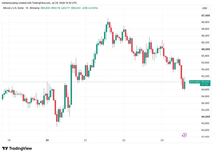 A TradingView 1-hour candlestick chart for Bitcoin (BTCUSD) from July 19-23, 2026, showing price climbing to roughly $66,900 before retreating to $65,042 (+0.32%).