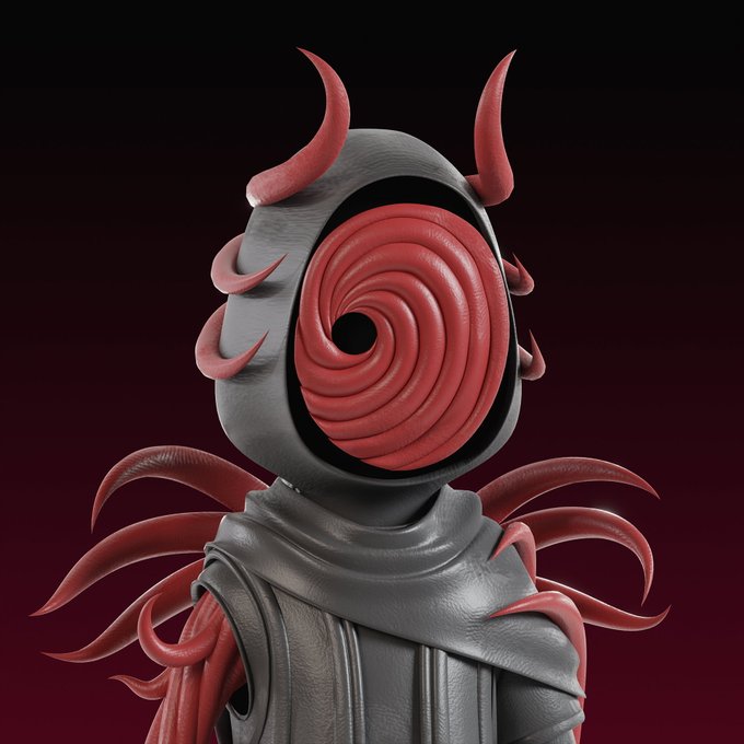 A 3D-rendered, menacing figure with a grey hooded cloak features a hypnotic red spiral for a face and spiky red tendrils protruding from its head and shoulders against a dark red background.