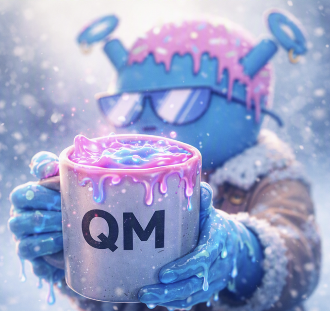 A blue cartoonish character with halos and sunglasses, covered in snow and dripping pink and blue paint, holding a mug labeled "QM".