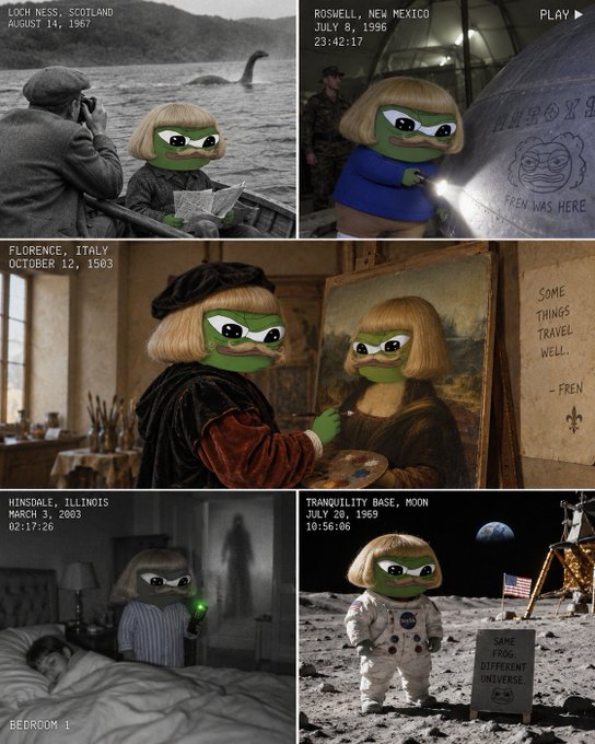 A 5-panel meme collage featuring a frog (Pepe) character in various historical scenarios including the Loch Ness sighting (1967), Roswell UFO incident (1996), Mona Lisa painting (1503), paranormal bedroom event (2003), and Moon landing (1969).