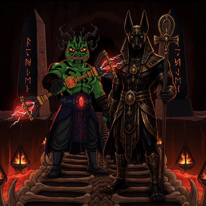 The image depicts two cartoonish mythological figures—a green-skinned warrior with antlers wielding a glowing hammer, and a black and gold Egyptian god holding an ankh staff—standing on a bone bridge over lava, flanked by obelisks inscribed with "MRZEE" runes. This dramatic artwork appears to be promotional branding for the "$EPEP" crypto project, visually emphasizing themes of ancient power and mysticism to support the post's pitch about the token's low market cap and early-stage growth potential.