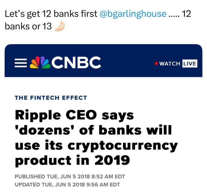 A social media post showing the CNBC article headline 'Ripple CEO says 'dozens' of banks will use its cryptocurrency product in 2019', published Tue, Jun 5 2018, with a caption above suggesting 'Let's get 12 banks first'.