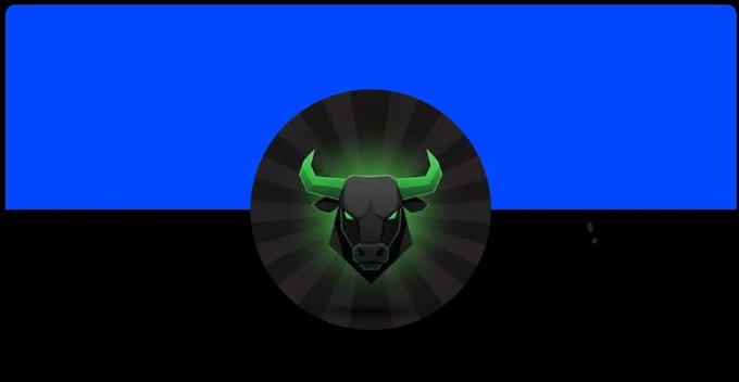 The image displays a banner with a blue upper half and black lower half, featuring a circular emblem with a green-glowing bull's head with horns in the center, set against a dark sunburst pattern. The bull imagery symbolizes bullish momentum and market strength, visually reinforcing the post's message about $ANSEM becoming a dominant narrative that "compounds attention" rather than fading after a single pump.