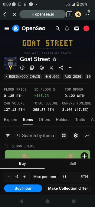 A mobile screenshot of the OpenSea website displaying the 'Goat Street' NFT collection on Robinhood Chain, showing a floor price of 0.135 ETH with 6,666 items.