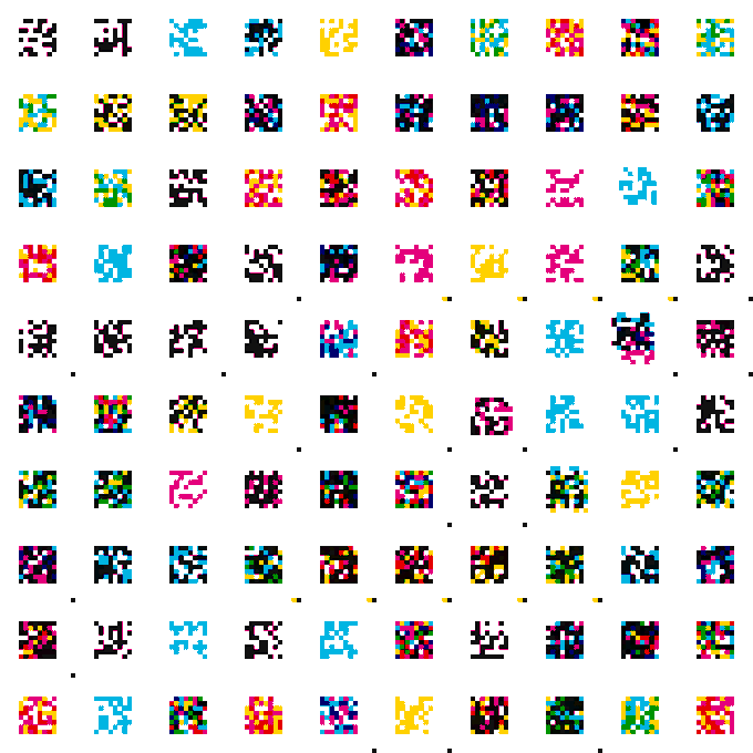 A grid of colorful pixel-art QR codes in CMYK colors arranged in rows on a white background.
