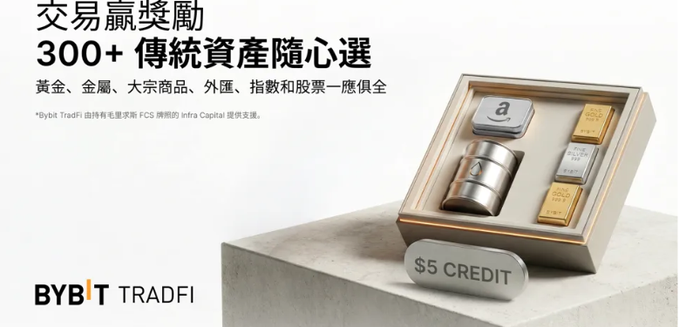 The image features a gray box with gold accents, which appears to be a display case for a product or service related to cryptocurrency trading. The box contains various items such as coins, CDs, and other tokens. The background of the image is white, making the colors of the products stand out. The post includes text in both Chinese and English, providing information about the product offerings from Bybit TradFi.