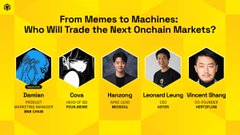 A yellow panel for a crypto/blockchain event titled 'From Memes to Machines: Who Will Trade the Next Onchain Markets?' featuring headshots of five speakers including Sandra and Neeraj.