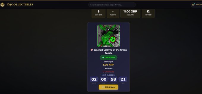 An IMX Collectibles NFT platform page showing a mint for 'Emerald Valkyrie of the Green Candle' priced at 1.00 XRP, with 3 minted, 0 collected, and a countdown timer.