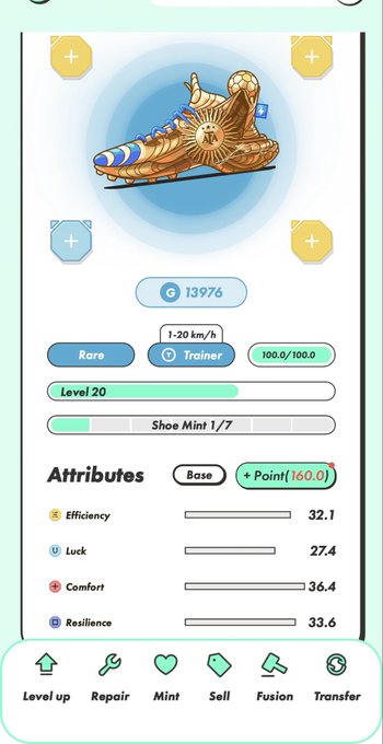 A screenshot from a mobile game displaying a level 20 golden, ornate shoe with 'Rare' and 'Trainer' tags, along with attributes like Efficiency (32.1), Luck (27.4), Comfort (36.4), and Resilience (33.6), and action buttons for Level up, Repair, Mint, Sell, Fusion, and Transfer.