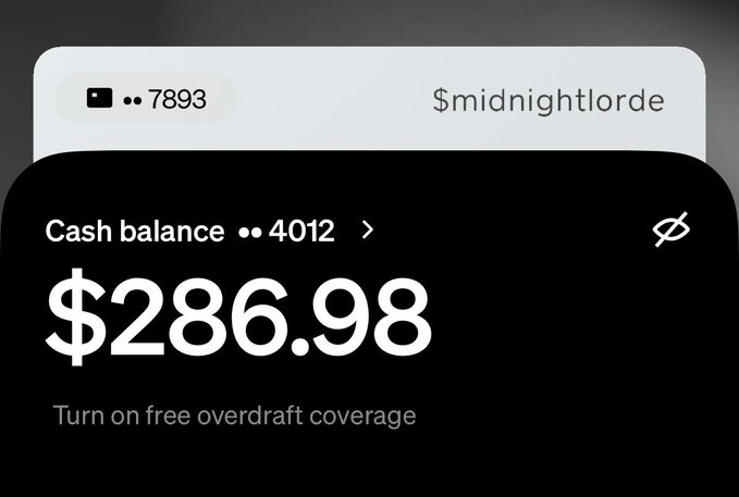 Cash App dashboard showing an account ending in 7893, username $midnightlorde, with a cash balance of $286.98 and an option to 'Turn on free overdraft coverage.'